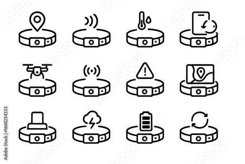 Smart Farm Collar Icons. Outline icon set of smart farm collars: location tracker, motion sensor, heat sensor,