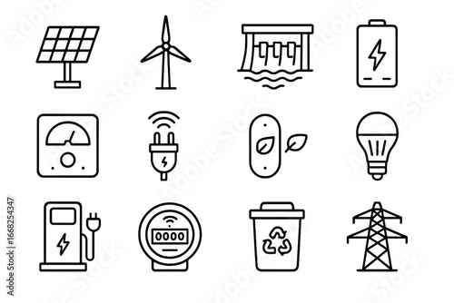 Smart Grid Icons. Outline icon set of smart grid technology: solar panel, wind turbine, hydro dam, battery