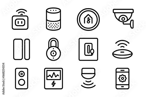 Smart Home Icon Set. Outline icon set of smart home consumer goods: smart plug, home assistant, smart