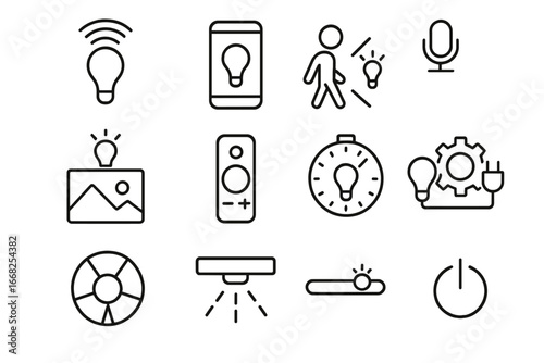 Smart Lighting Icons. Outline icon set of smart lighting systems: Wi-Fi bulb, mobile app control, motion