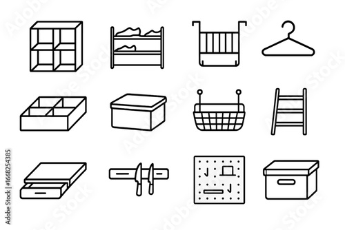 Smart Storage Icons. Outline icon set of smart storage solutions: cube organizer, shoe rack, over-door rack,