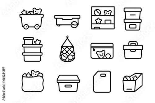 Smart Toy Storage Icons. Outline icon set of smart toy storage solutions: wheeled box, under-bed drawer, wall