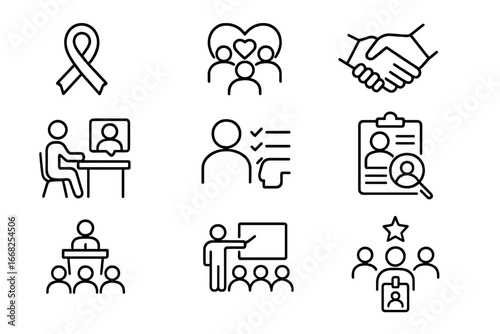 Social Impact Icon Set. Outline icon set of social impact careers: cause awareness, community support,