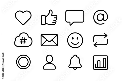 Social Media Icons. Outline icon set of social media interaction: heart icon, thumbs up, comment box, mention