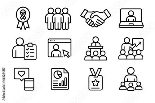 Social Impact Icon Set. Outline icon set of social impact careers: cause awareness, community support,