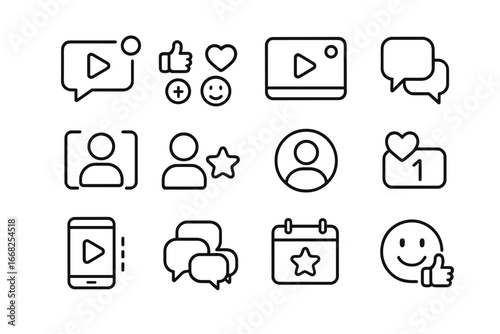 Social Media Icons. Outline icon set of social media virtual hangouts: live chats, reaction buttons, streaming