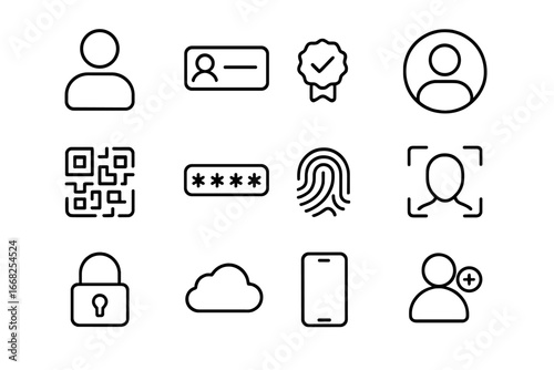 Social Media Icons. Outline icon set of social media identity: avatar, username, verification badge, profile