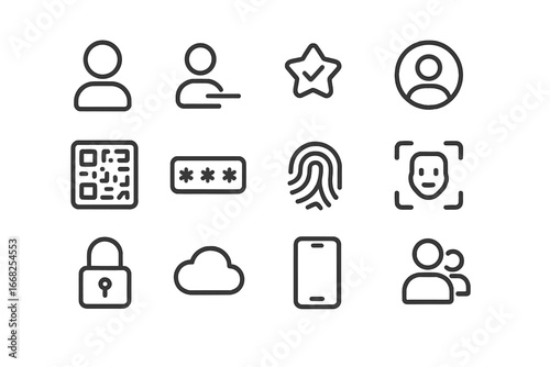 Social Media Icons. Outline icon set of social media identity: avatar, username, verification badge, profile