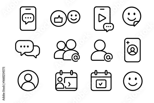 Social Media Icons. Outline icon set of social media virtual hangouts: live chats, reaction buttons, streaming