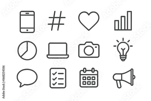 Social Media Icons. Outline icon set of social media campaign planning: smartphone, hashtag, heart icon, bar