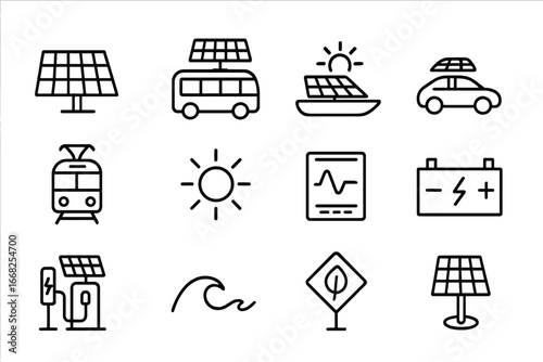 Solar Transport Icons. Outline icon set of solar-powered transport: solar panel, bus, boat, car, tram,