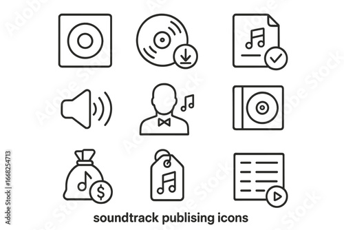 Soundtrack Publishing Icons. Outline icon set of soundtrack publishing: album cover, vinyl icon, digital