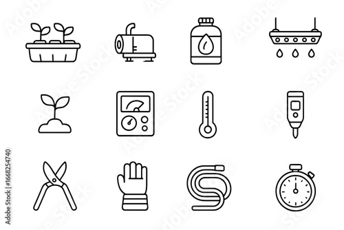 Space Farming Tools. Outline icon set of space hydroponic farming tools: hydroponic tray, water pump, nutrient
