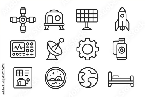 Space Habitat Icons. Outline icon set of space habitat design: space station, module, solar panel, rocket,