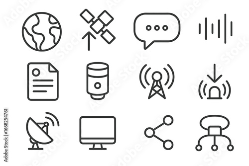 Space Messaging Icons. Outline icon set of space-to-Earth messaging: Earth globe, satellite uplink arrow, text