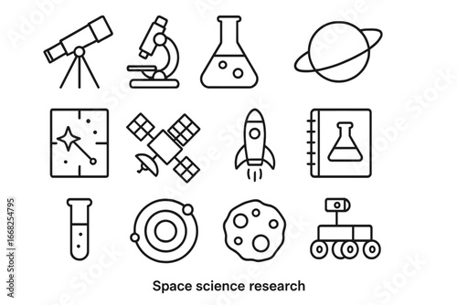 Space Science Icons. Outline icon set of space science research: telescope, microscope, beaker, planet, star