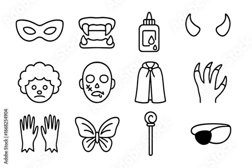Spooky Costume Icons. Outline icon set of spooky costume accessories: eye mask, fangs, fake blood, devil horns