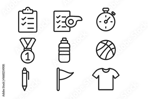 Sports Day Icon Set. Outline icon set of sports day organization: clipboard, checklist, whistle, stopwatch,