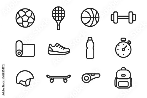 Sports Equipment Icons. Outline icon set of sports equipment suggestions: soccer ball, tennis racket,