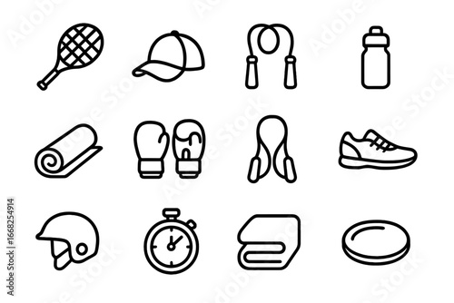 Sports Gear Icons. Outline icon set of sports gear pegboard: tennis racket, baseball cap, jump rope, water