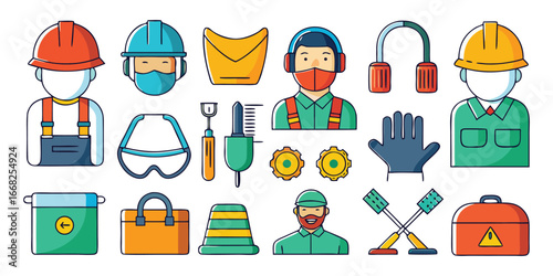 Collection of farm safety and protective gear illustrations, including helmets, gloves, masks, safety signs, icons, equipment in flat design style hard hat goggles