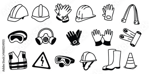 Collection of black and white line art icons for safety and personal protective equipment safety equipment