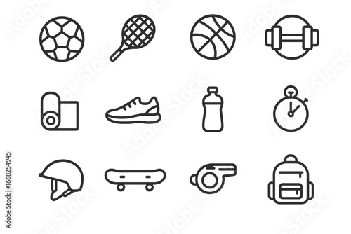 Sports Equipment Icons. Outline icon set of sports equipment suggestions: soccer ball, tennis racket,