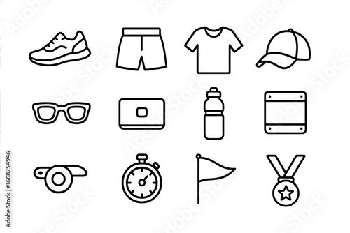 Sportswear Icon Set. Outline icon set of sportswear and accessories: running shoes, shorts, t-shirt, cap,