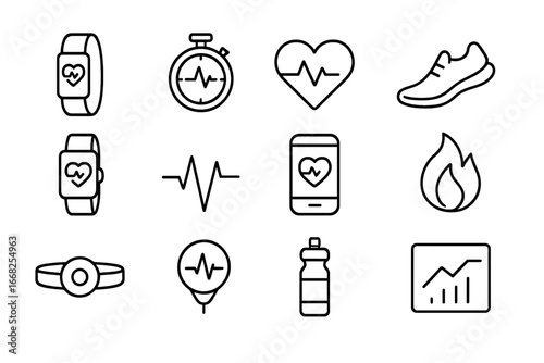 Sports Wearable Icons. Outline icon set of sports ECG wearables: fitness tracker, stopwatch, heart icon,