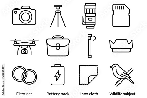 Spring Nature Icons. Outline icon set of spring nature photography: DSLR camera, tripod, telephoto lens,