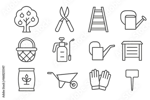Spring Orchard Icons. Outline icon set of spring orchard work: fruit tree, pruning shears, ladder, basket,