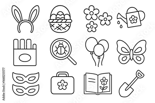 Spring Party Icons. Outline icon set of children’s spring party items: bunny ears, egg basket, flower stickers