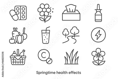 Spring Wellness Icons. Outline icon set of springtime health effects: allergy pill, flower pollen, tissue box,