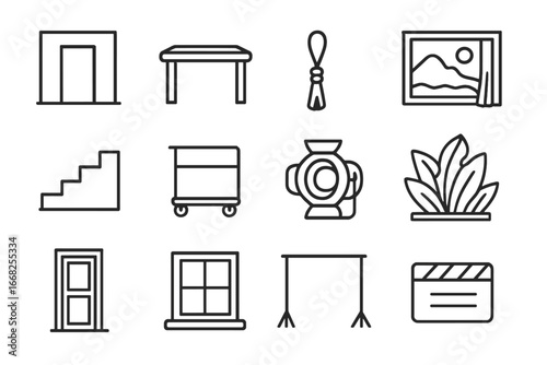 Stage Props Icons. Outline vector icons of stage scenery and props: set wall, table prop, curtain rope,
