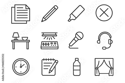 Stage Rehearsal Icons. Outline icon set of stage rehearsal process: script pages, pencil, highlighter, stage
