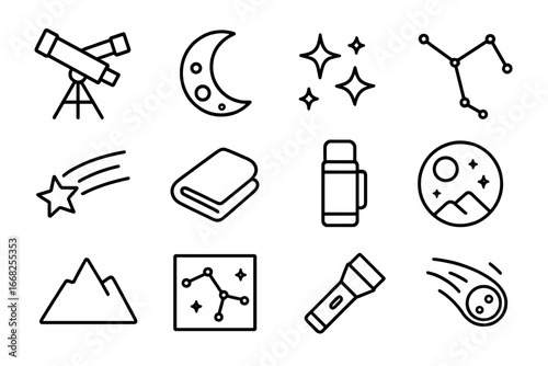 Stargazing Icon Set. Outline icon set of stargazing outdoors: telescope, moon, star cluster, constellation