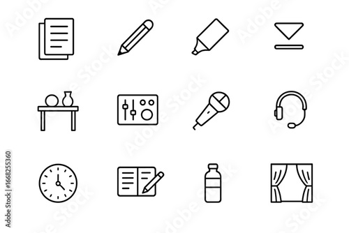 Stage Rehearsal Icons. Outline icon set of stage rehearsal process: script pages, pencil, highlighter, stage