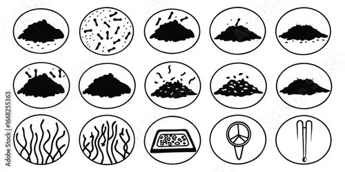 Collection of black and white soil health and fertility illustrations icons depicting piles of dirt and organic matter compost soil