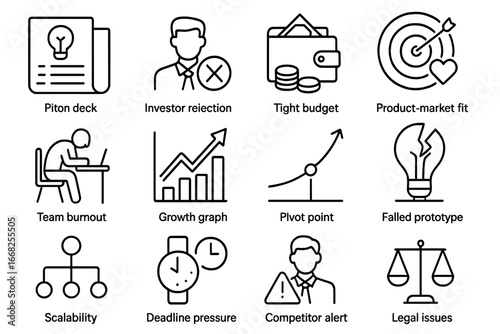 Startup Challenges Icons. Outline icon set of startup challenges: pitch deck, investor rejection, tight budget