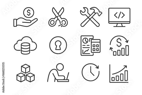 Startup Bootstrap Icons. Outline icon set of bootstrapping a startup: personal funds, cost cut, reuse tools,