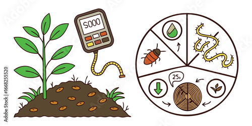 soil health and fertility illustration of plant growth cycle with soil testing device and infographic vector