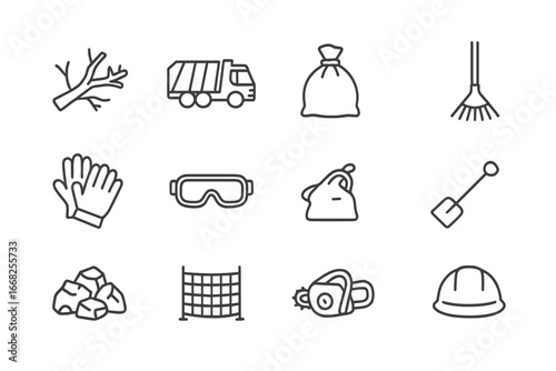 Storm Debris Icons. Outline icon set of storm debris removal: fallen branches, waste truck, debris bag, work