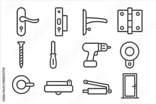 Storm Door Hardware Icons. Outline icon set of replacing storm door hardware: storm door handle, latch, lock,
