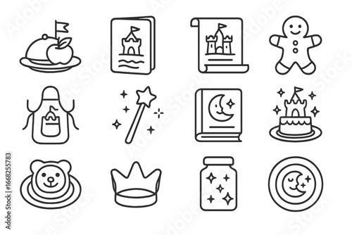 Storytelling Cooking Icons. Outline icon set of storytelling through cooking: fairy tale meal, story card,