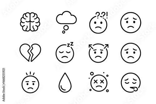 Stress Icons Grid. Outline icon set of mental signs of stress: brain, cloud thought, confusion icon, worry
