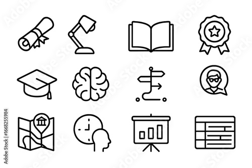 Student Dream Icons. Outline icon set of student dreams and ambition: diploma scroll, study lamp, open book,