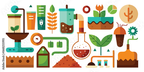Flat design illustration of scientific experiment equipment and plant growth soil health and fertility, compost piles, earthworms, nutrient cyc elements science