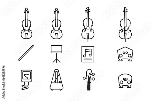String Instruments Icons. Outline icon set of classical string instruments: violin, viola, cello, double bass,