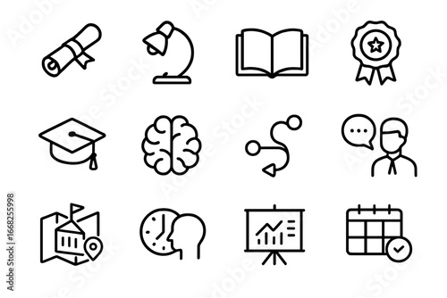Student Dream Icons. Outline icon set of student dreams and ambition: diploma scroll, study lamp, open book,