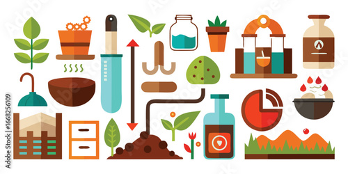 Flat design icons of gardening and science equipment and fertility illustrations, including compost piles, earthworms, soil pH meters, nutrient cycles, with plants and soil laboratory